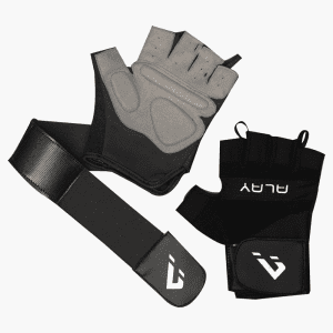 High-quality black and gray weightlifting gloves with wrist support, designed for enhanced grip and protection during workouts.