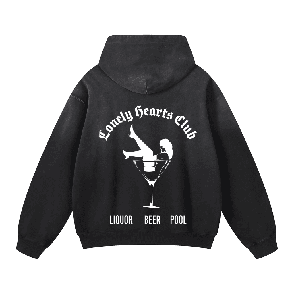 Black hoodie with Lonely Hearts Club print featuring a cocktail glass, liquor beer pool text, and a white silhouette graphic design on the back.