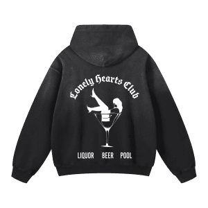 Black hoodie with Lonely Hearts Club print featuring a cocktail glass, liquor beer pool text, and a white silhouette graphic design on the back.