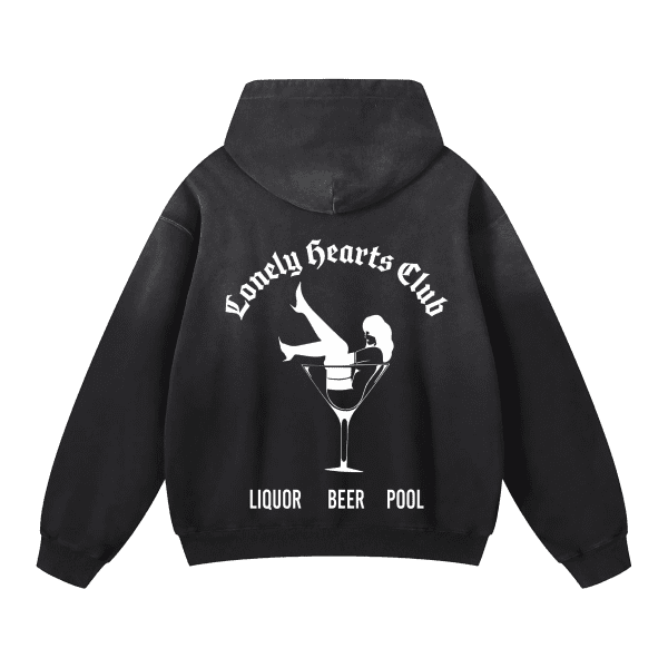 Black hoodie with Lonely Hearts Club print featuring a cocktail glass, liquor beer pool text, and a white silhouette graphic design on the back.