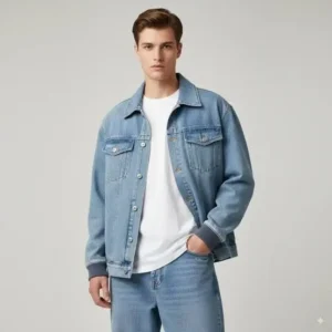 Man wearing a light wash custom denim jacket and white t-shirt