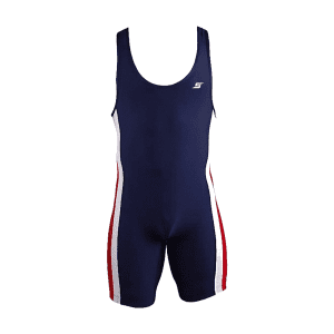 Men's navy blue wrestling singlet with red and white side stripes, featuring a sleek design for comfort and performance.