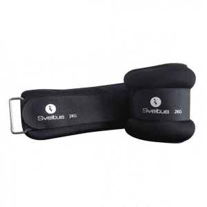 Pair of black adjustable ankle weights labeled with 'Sveltus 2KG,' designed for fitness and strength training.