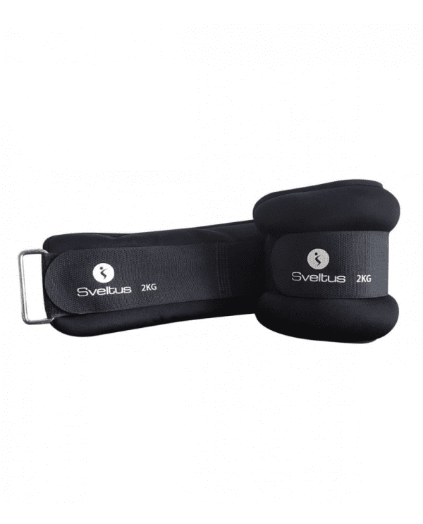 Pair of black adjustable ankle weights labeled with 'Sveltus 2KG,' designed for fitness and strength training.