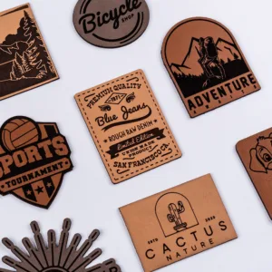 Custom leather patches featuring various designs, including sports logos, adventure themes, and branded denim patches.