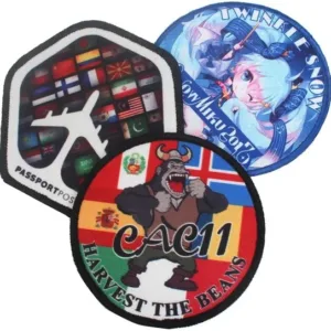 Colorful embroidered patches featuring different designs: a flag-themed passport patch, an anime character patch, and a humorous "Harvest the Beans" patch with flags.