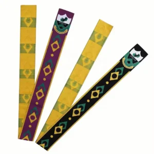 Four custom branded graduation sashes in yellow, purple, and black with UNILUS logos