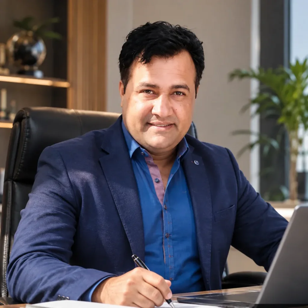 Portrait of Asif Ali wearing a navy blue blazer and blue shirt in a professional office setting
