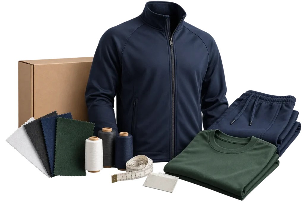 Navy blue custom zip-up jacket and athletic apparel with fabric samples and sewing tools