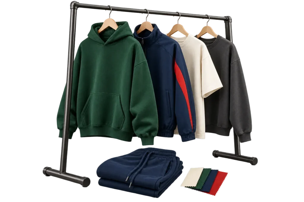 Custom branded hoodies, track jackets, and t-shirts on a clothing rack