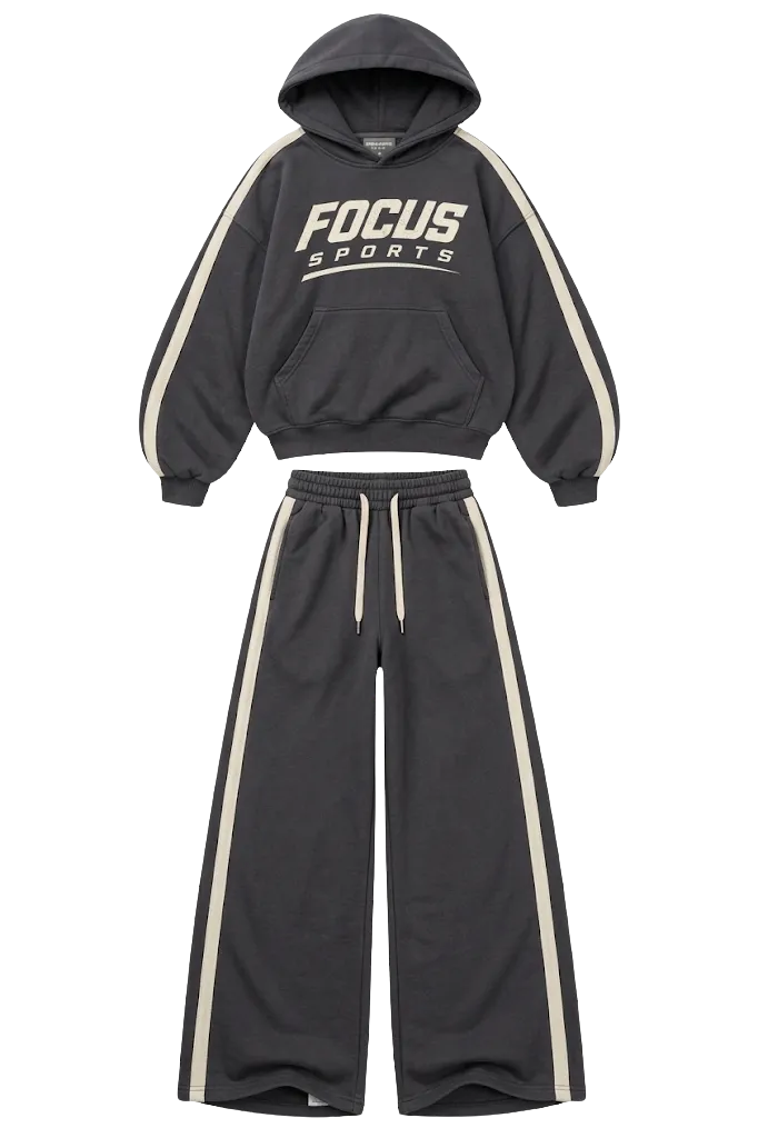 Charcoal grey custom tracksuit featuring Focus Sports branding and side stripes