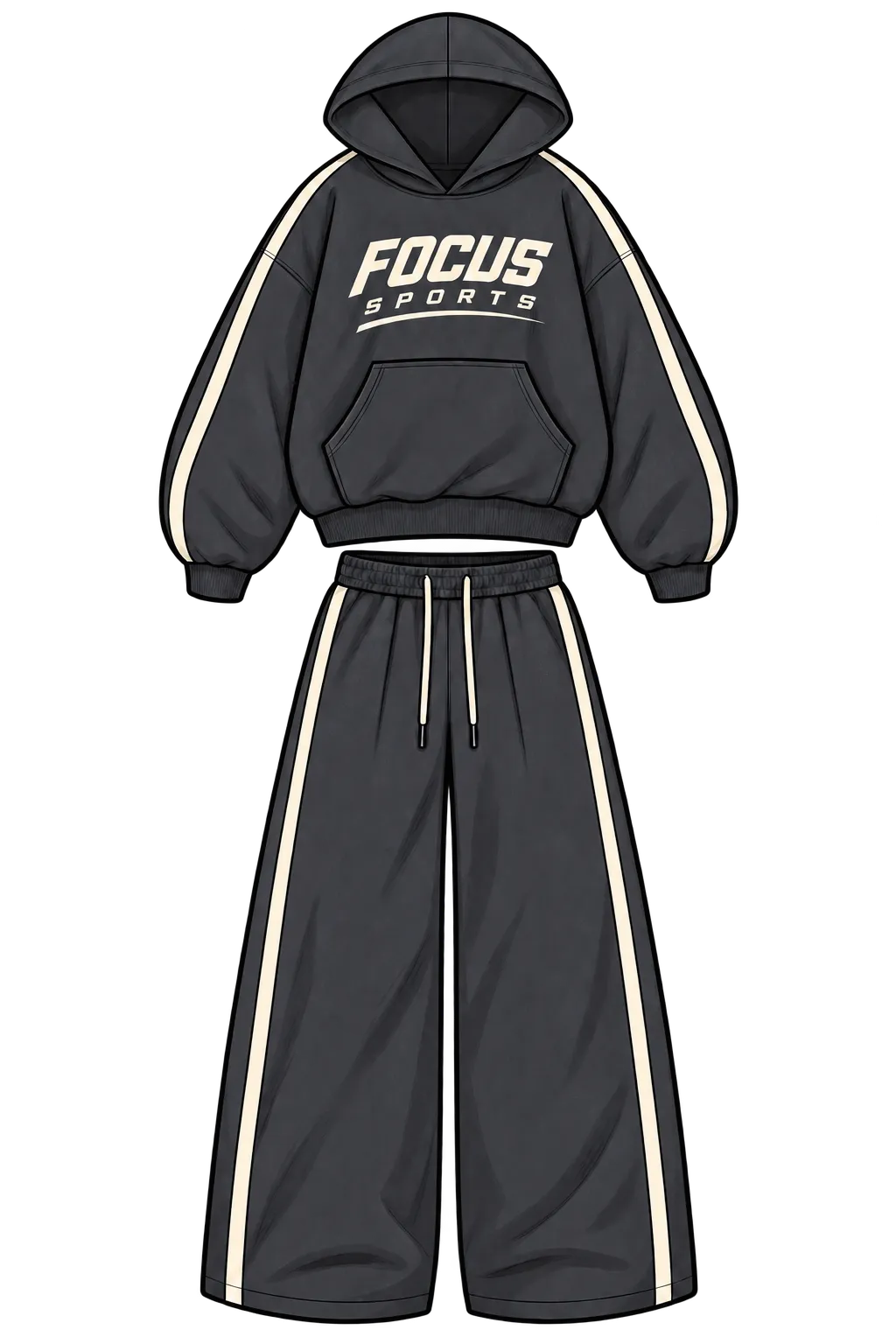 Charcoal grey custom tracksuit featuring a cropped hoodie and wide-leg pants with cream side stripes