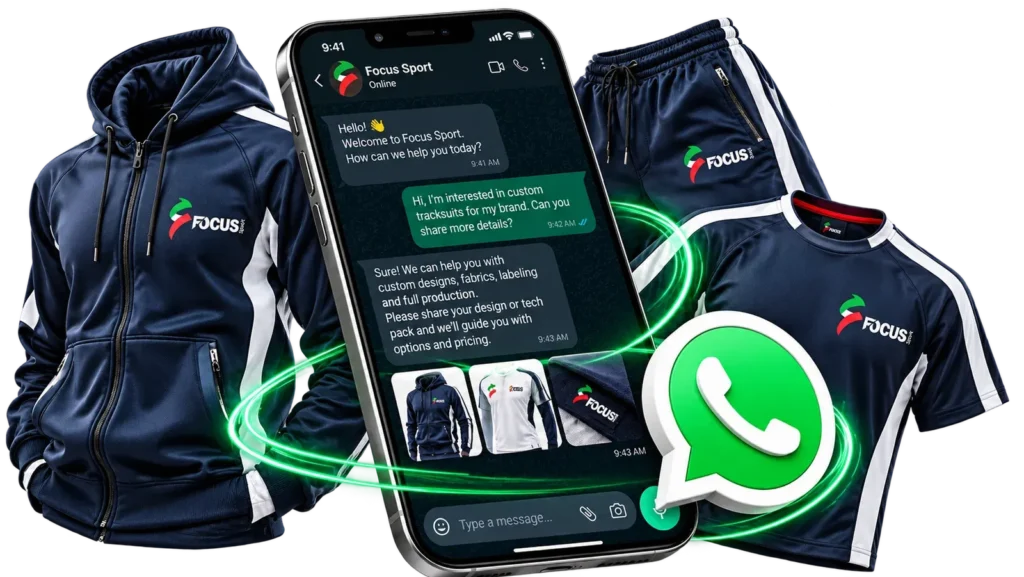 Smartphone displaying a WhatsApp chat with Focus Sport for custom clothing orders next to navy blue sportswear