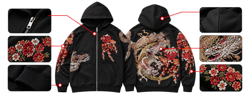 Custom embroidered dragon design on a black branded hoodie.