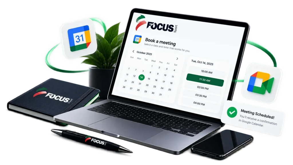 Laptop screen showing a Focus Sport meeting booking calendar with Google Calendar integration
