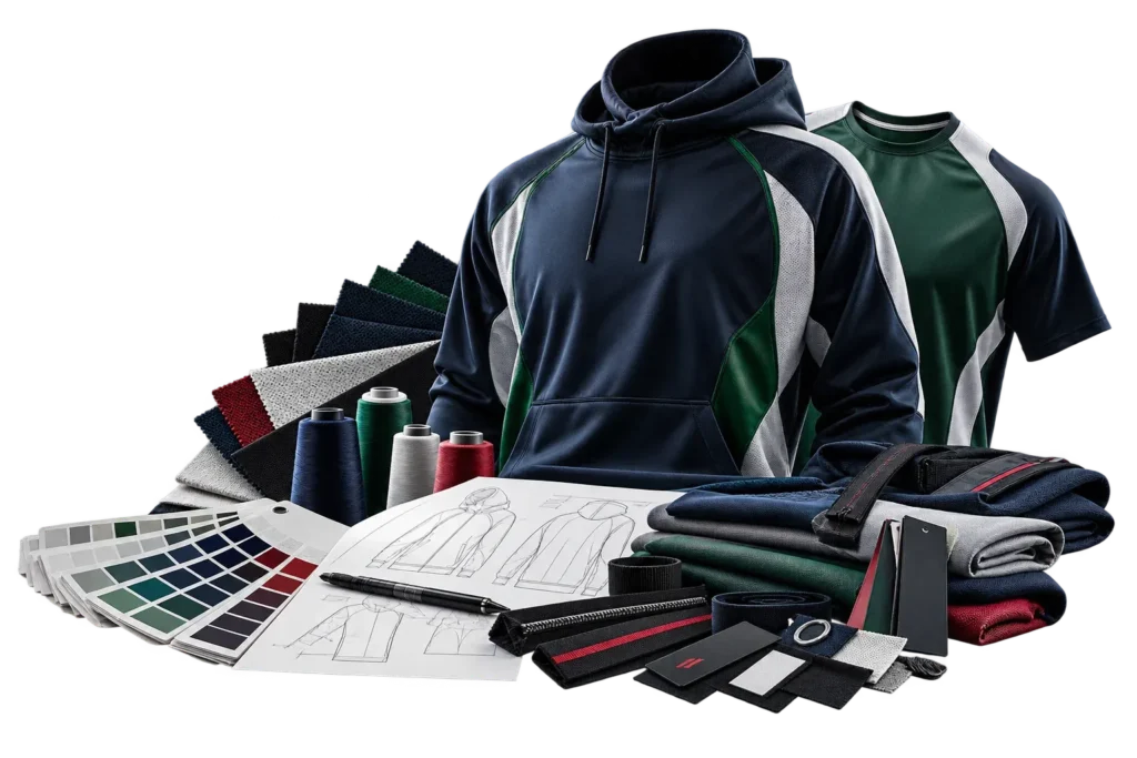 Navy and green custom sportswear hoodie and t-shirt with fabric swatches and design sketches