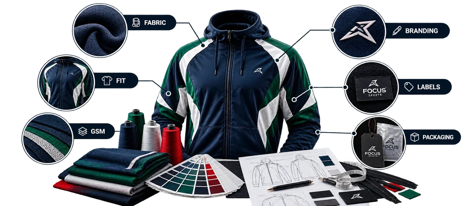 Custom sportswear hoodie with fabric, branding, labels and packaging options for clothing brands