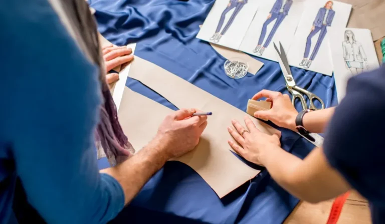 Two designers marking a tan fabric pattern on blue silk for custom clothing production