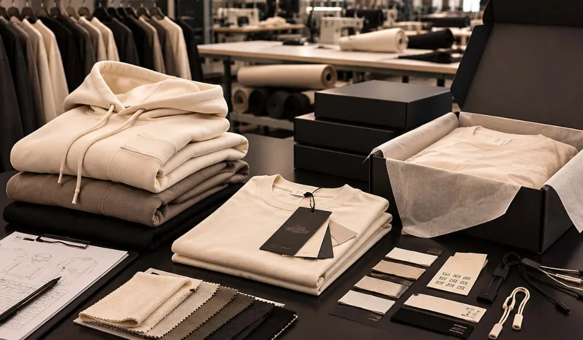 Custom streetwear garment finishing, trims, hang tags and branded packaging