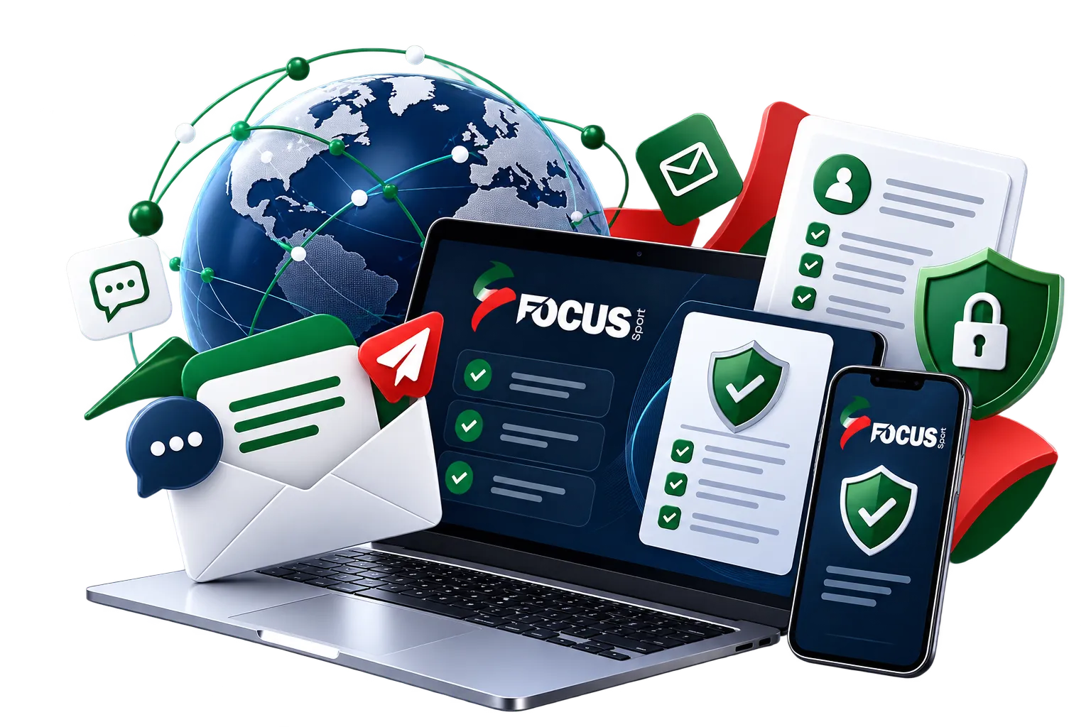 Digital security illustration with a laptop, smartphone, and globe featuring privacy shields and checkmarks