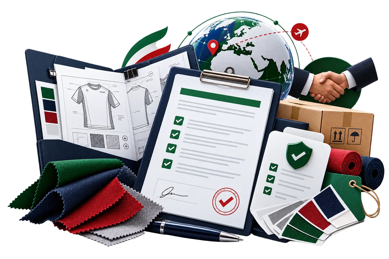 Custom clothing manufacturing process showing fabric swatches, technical sketches, and quality check lists